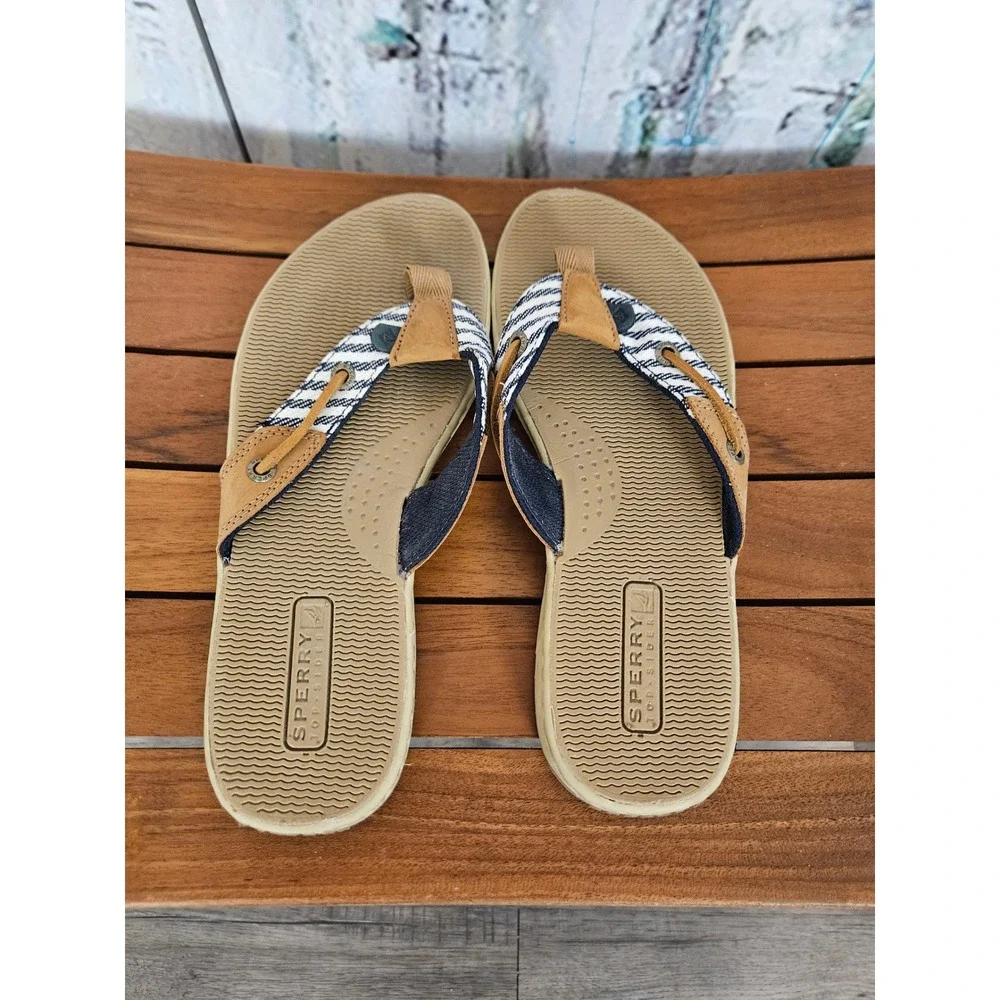 Sperry Seafish Flip Flop 7.5M Tan Blue Nautical Striped Leather Thong Sandals